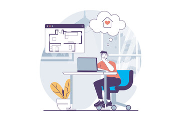 Poster - Real estate concept with people scene in flat design for web. Man architect creating blueprint of apartment project for building house. Vector illustration for social media banner, marketing material.