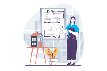 Poster - Real estate concept with people scene in flat design for web. Woman making presentation of architect blueprint of apartments project. Vector illustration for social media banner, marketing material.
