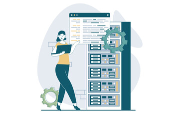 Poster - Server maintenance concept with people scene in flat design for web. Woman monitoring in hardware rack room, settings and engineering. Vector illustration for social media banner, marketing material.
