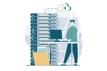 Poster - Server maintenance concept with people scene in flat design for web. Man monitoring and settings on computer in hardware rack room. Vector illustration for social media banner, marketing material.