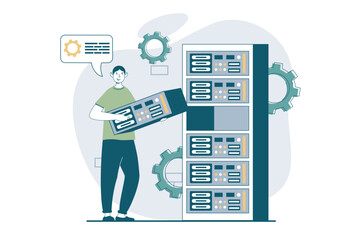 Poster - Server maintenance concept with people scene in flat design for web. Man troubleshooting and fixing equipment in hardware rack room. Vector illustration for social media banner, marketing material.