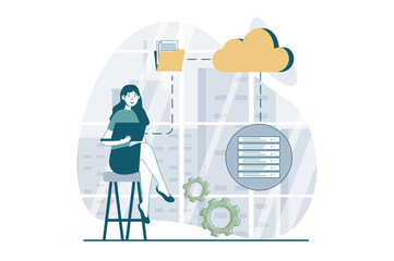 Poster - Server maintenance concept with people scene in flat design for web. Woman makes optimization workflow of datacenter in rack room. Vector illustration for social media banner, marketing material.