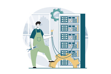 Poster - Server maintenance concept with people scene in flat design for web. Man fixing technical problem and troubleshooting of hardware. Vector illustration for social media banner, marketing material.