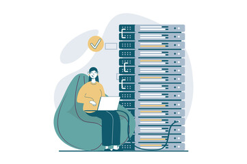 Poster - Server maintenance concept with people scene in flat design for web. Woman managing, fixing problem and troubleshooting of hardware. Vector illustration for social media banner, marketing material.