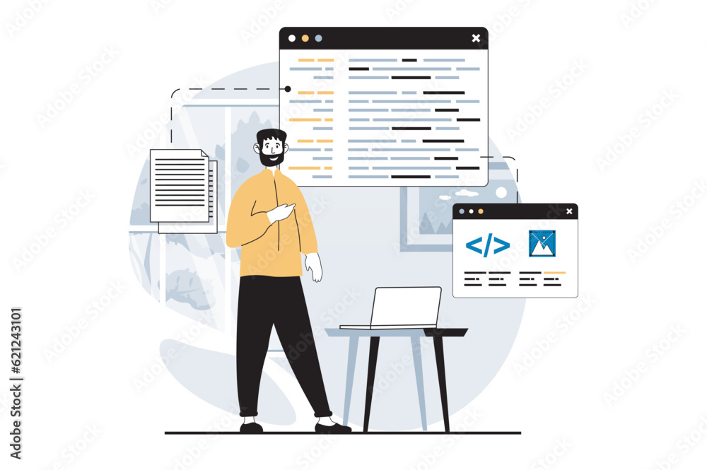 Software development concept with people scene in flat design for web ...