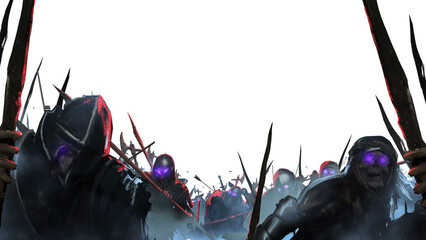 A crowd of zombie knights is barely keeping their balance, they are crazy undead gathered from hundreds of different warriors armed with spears and hammers in helmets and armor. 2d art without backgro