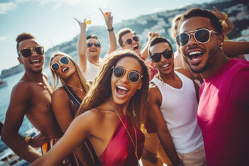 Wall Mural - Group of mix race young people having a party on the luxury yacht

