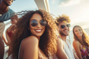 Wall Mural - Group of mix race young people having a party on the luxury yacht

