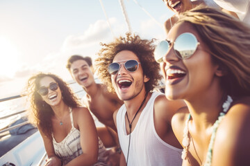 Wall Mural - Group of mix race young people having a party on the luxury yacht