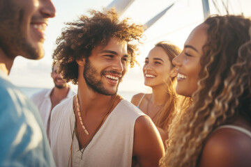 Wall Mural - Group of mix race young people having a party on the luxury yacht