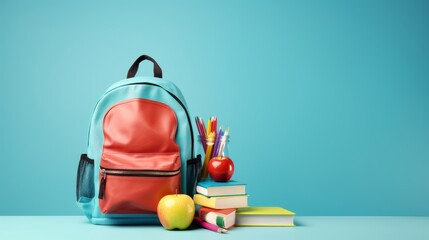 Poster - Backpack with different colorful stationery and apple on table and blue background. Banner design back to school concept background - generative ai