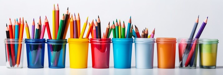 Pencils and felt-tip pens in a plastic cup, paints and pastel crayons on a white background. Back to school. Scissors and tools for the student. Tipped over - generative ai