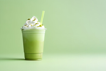 Green tea frappucino with whipped cream in a takeaway cup isolated on green background with copy space