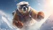 Generative AI. A bear in a ski suit and goggles protective mask is snowboarding or skiing at a ski resort. A creative image with a wild animal is an advertisement for an active winter extreme sport.