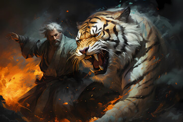 Poster - Painting of a old and blind man training with his Bengal tiger, Generative AI