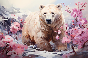 Poster - Oil painting of a polar bear near pink flowers, Generative AI  