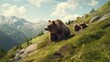 Generative AI. Wild predatory animals walk through a green meadow in the mountains. A bear and cubs in the mountains of the Caucasus or Canada in summer.