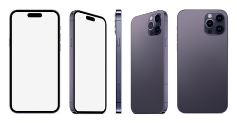 Poster - new smartphone frameless purple color with blank screen saver front and backside view isolated on white background. mockup of realistic new mobile phone with shadow. vector 3d isometric illustration