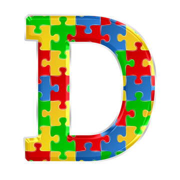 Colorful puzzle alphabet letter D, isolated on transparent background, uppercase. This is a part of a set which also includes numbers, symbols, and shapes.