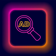 Sticker - Glowing neon line Advertising icon isolated on black background. Concept of marketing and promotion process. Responsive ads. Social media advertising. Colorful outline concept. Vector