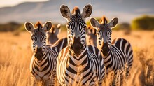 Group Of Zebras Grazing On The Grassy Plains Generative AI