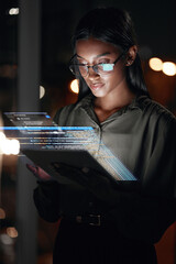 Wall Mural - Woman, tablet and hologram at night in web design with dashboard, interface or hud display at the office. Female person, employee or developer working late on futuristic technology or code overlay