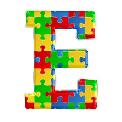 Fototapete - Colorful puzzle alphabet letter E, isolated on transparent background, uppercase. This is a part of a set which also includes numbers, symbols, and shapes.