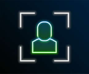 Glowing neon line Camera focus frame line icon isolated on black background. Colorful outline concept. Vector