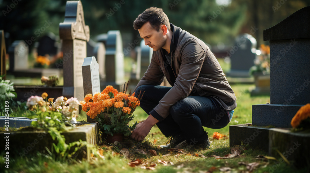 Man kneeling in front of a grave, laying Flowers at Cemetery, goodbye ...
