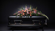 Black Casket with flowers on it, at funeral, cemetery, service Coffin