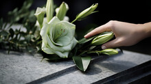 Bouquet On Tombstone, Hand Laying It Down, Grief, Mourning
