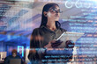 canvas print picture - Software, coding hologram and woman on tablet thinking of data analytics, digital technology and night overlay. Programmer or IT person in glasses on 3d screen, programming and cybersecurity research