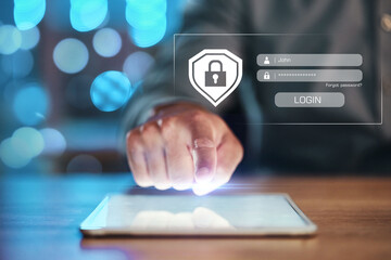 Leinwandbilder - Security, login and hand on tablet for password with hologram of safety lock for network, information or data protection. Person with technology for privacy, cybersecurity or gdpr and global shield