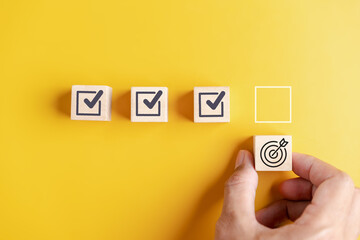 Aufkleber - Checklist business target marketing quality management with Quality ISO Guarantee Assurance and improvement. Standardization, certification. Compliance to regulations service and standards.