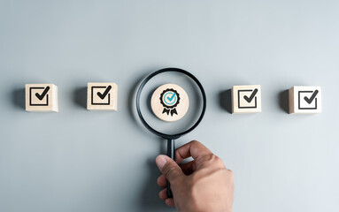 Aufkleber - Checklist Quality management with Quality Assurance approval guarantee symbol and improvement. Standardization certification. Compliance to regulations service and standards.