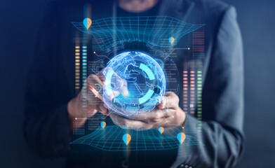 Poster - Global Digital online business marketing strategy on website advertising, searching and data analyzing marketing product on web technology statistic online business.