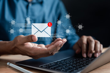 Poster - Businessman sending email by laptop computer to customer, business contact and communication, email icon, email marketing concept, send e-mail or newsletter, online working internet network...