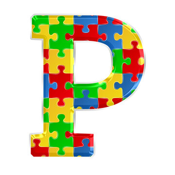 Colorful puzzle alphabet letter p, isolated on transparent background, uppercase. This is a part of a set which also includes numbers, symbols, and shapes.