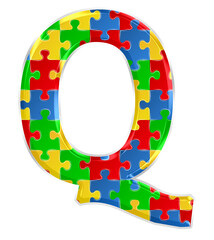 Fototapete - Colorful puzzle alphabet letter q, isolated on transparent background, uppercase. This is a part of a set which also includes numbers, symbols, and shapes.