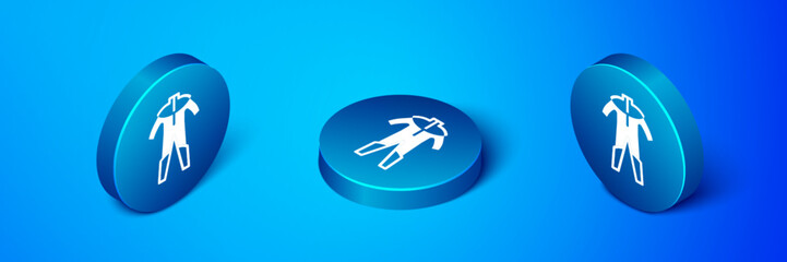 Sticker - Isometric Wetsuit for scuba diving icon isolated on blue background. Diving underwater equipment. Blue circle button. Vector