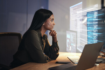 Poster - Programmer, code and woman with focus, hologram and digital software with cyber security, futuristic and online reading. Female person, programming or employee with data analysis, research and laptop