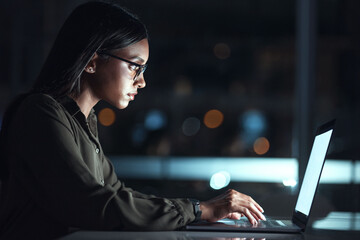 Poster - Laptop, research and business woman in coding, software development and programming for night cybersecurity. Computer, typing and screen reflection, focus and data analysis of programmer or IT person