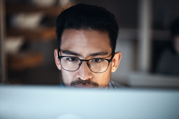 Sticker - Computer, research and man in glasses for software development, night programming and cybersecurity. Reading, focus and person or programmer with data analysis, desktop system and coding information