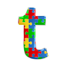 Fototapete - Colorful puzzle alphabet letter t, isolated on transparent background, lowercase. This is a part of a set which also includes numbers, symbols, and shapes.
