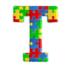 Fototapete - Colorful puzzle alphabet letter t, isolated on transparent background, uppercase. This is a part of a set which also includes numbers, symbols, and shapes.