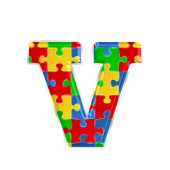 Fototapete - Colorful puzzle alphabet letter v, isolated on transparent background, lowercase. This is a part of a set which also includes numbers, symbols, and shapes.