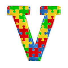 Fototapete - Colorful puzzle alphabet letter v, isolated on transparent background, uppercase. This is a part of a set which also includes numbers, symbols, and shapes.