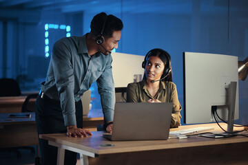 Aufkleber - Business people, call center and laptop at night in customer service or tech support at the office. Businessman and woman working late together for virtual assistant, consultant or agent at workplace