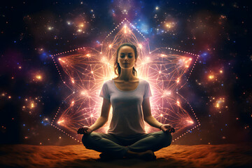 woman sitting in yoga lotus pose on the background of the starry sky. equilibrium