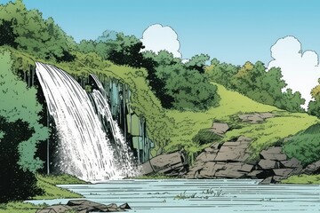 Wall Mural - serene waterfall surrounded by lush greenery in a forest setting. Generative AI